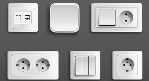 Electric sockets and switches on wall. Vector realistic set of 3d different types toggles and outlet for european and usa plugs, adapter connectors. White plastic house supplies